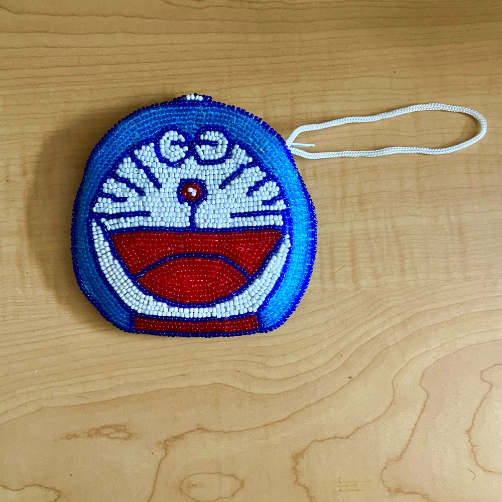 NWT Handmade Beaded Doraemon Zippered Wristlet Pouch